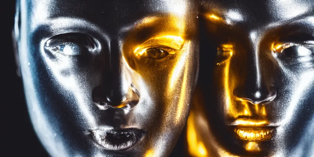 Image similar to half a human face, skin layers made of metal, cyber punk, strong yellow light reflecting off the skin, studio lighting, professional photography, film prop
