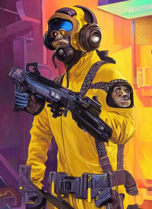 Image similar to mustached athlete in yellow jumpsuit. cyber dude firing a futuristic red automatic pistol with huge magazine. ad for pistol. cyberpunk poster by james gurney, azamat khairov, and alphonso mucha. artstationhq. gorgeous face. painting with vivid color, cell shading. ( rb 6 s, cyberpunk 2 0 7 7 )