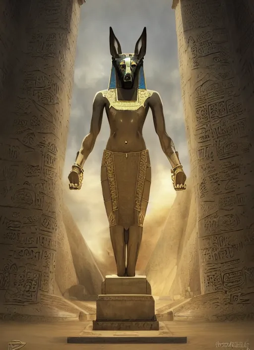 Image similar to anubis guarding the entrance to the mausoleum, concept art, digital illustration, trending on artstation, deviantart, artgerm, epic composition, masterpiece, highly detailed, advanced technique, realistic, ambient lighting, wlop, ross draws