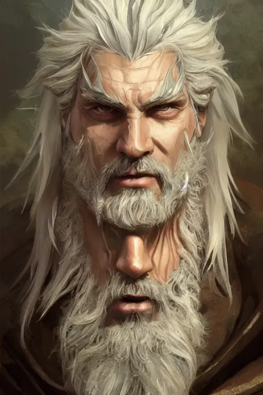 Prompt: painted portrait of rugged sephirot, god of thunder, greek god, white hair, masculine, mature, handsome, upper body, muscular, hairy torso, fantasy, intricate, elegant, highly detailed, digital painting, artstation, concept art, smooth, sharp focus, illustration, art by gaston bussiere and craig mullins