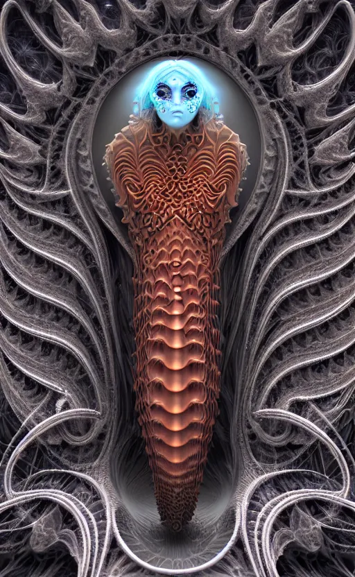 Prompt: gothic goddess intricate mask, eagle coral, jelly fish, mandelbulb 3 d, fractal flame, octane render, cyborg, biomechanical, futuristic, by ernst haeckel