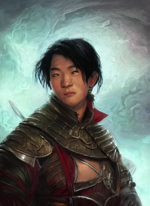 Prompt: asian with medium black hair man looking down at camera, low angle, camera low, dndbeyond, bright, colourful, realistic, dnd character portrait, full body, pathfinder, pinterest, art by ralph horsley, dnd, rpg, lotr game design fanart by concept art, behance hd, artstation, deviantart, hdr render in unreal engine 5