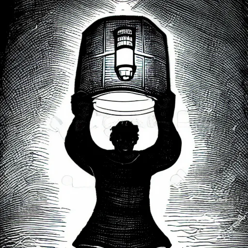 Prompt: a man holding up his own head as a lantern in the darkness of an ancient high fantasy library very cinematic high fantasy illustration suspense