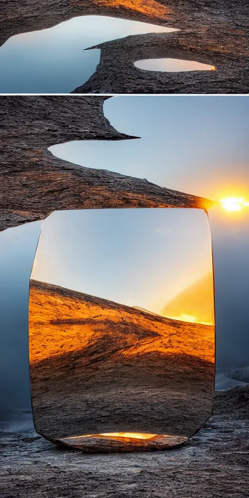 Prompt: futuristic angular architect giant golum monster made from deconstucted charcoal wood and mirrors, refracted, floating, portal, iceland landscape photography sunset, by lurie belegurschi and gunnar freyr