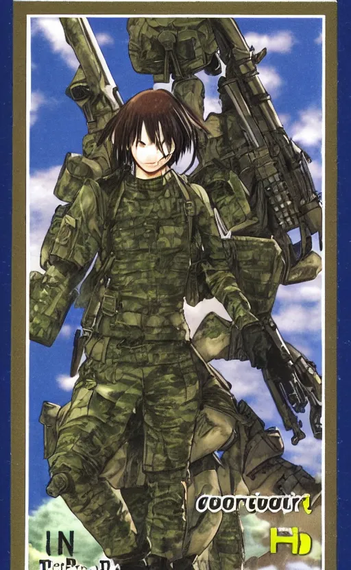 Prompt: girl, trading card front, soldier clothing, combat gear, matte, illustration, by takeshi obata, green screen