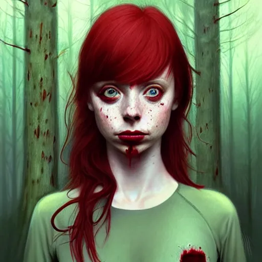 Prompt: realistic character concept, gorgeous Kacey Rohl, red hair, small freckles, symmetrical face, symmetrical eyes, green dress, covered in blood, dark forest, trees, shorter neck, cinematic lighting, Joshua Middleton and artgerm, fear anxiety terror