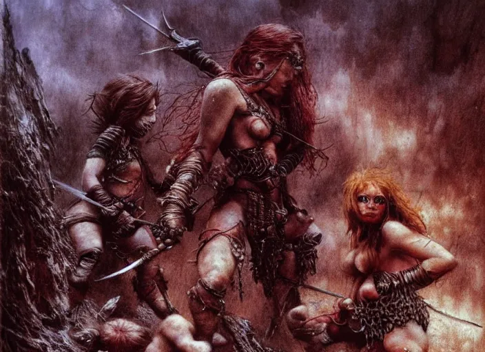 Prompt: redhead barbarian girl fighting small cute goblins by Luis Royo and Beksinski