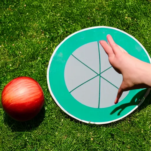 Image similar to a basketball, a frisbee, an apple; a hand points to the fruit