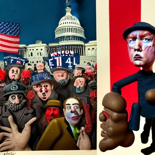 Prompt: january 6 insurrection by otto dix, claymation, trump supporters attack us capitol, hyperrealistic, aesthetic, masterpiece