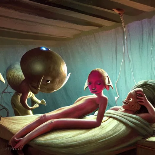 Prompt: primitive extraterrestrial villagers at bedside of severely injured unconscious short - haired blond woman, inside primitive hut, dramatic lighting, illustration, fantastic planet, ron cobb, mike mignogna, jim henson creature shop, science fiction, detailed painting, high detail, coherent, rough paper