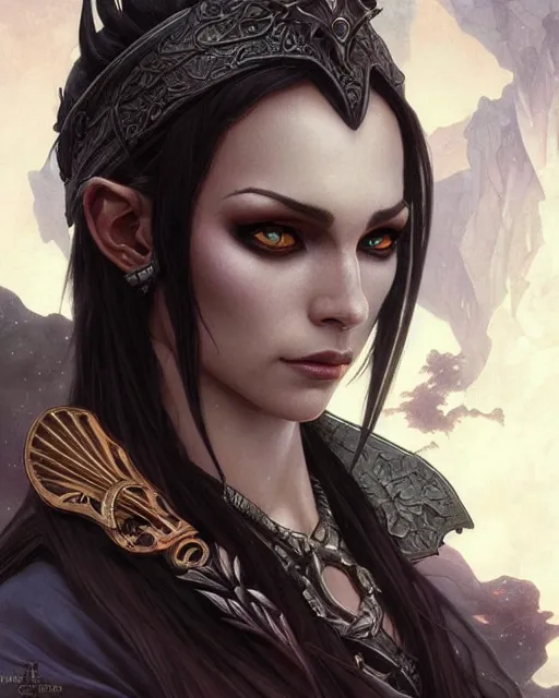 Image similar to a dark elf pirate, fantasy character portrait, ultra realistic, intricate, elegant, highly detailed, digital painting, artstaion, smooth, sharp, focus, illustration, art by artgerm and greg rutkowski and alphonse mucha