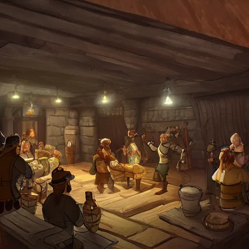 Prompt: A tavern filled with adventurers, medieval fantasy, warm lighting, wide shot,