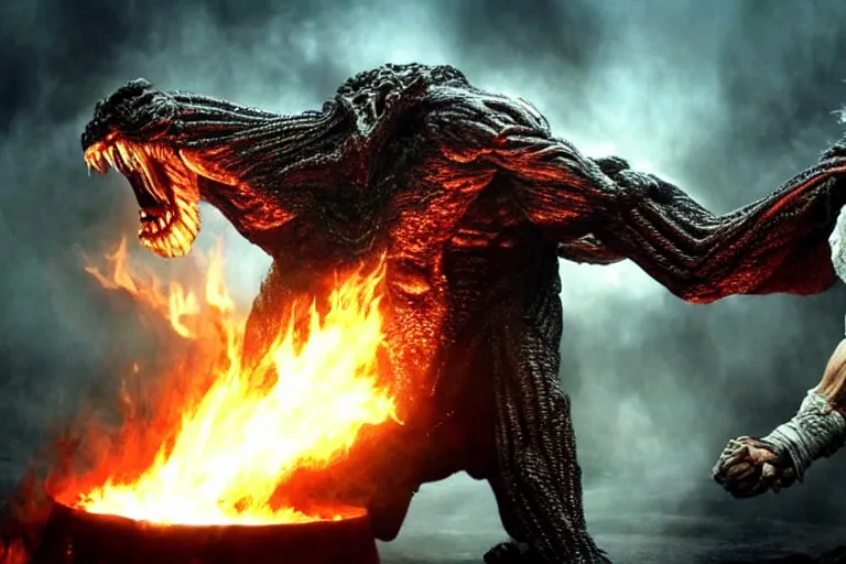 Prompt: movie still, huge balrog fighting normal sized gandalf at the bridge of khazad - dum, style of h. r. giger, fiery, dark, realistic movie still, cinematic, cgi,