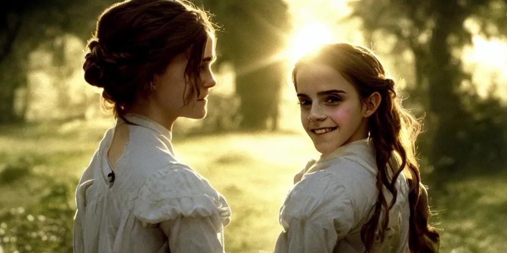 Prompt: Film still of Emma Watson as Hermione Granger. Smiling. Happy. Cheerful. Silhouette. Shadowed. Halo. Ring of light. Film grain. Cinematic lighting. 35mm lens. Backlit. Angelic. Beautiful. William Adolphe Bouguereau. Henriette Browne.