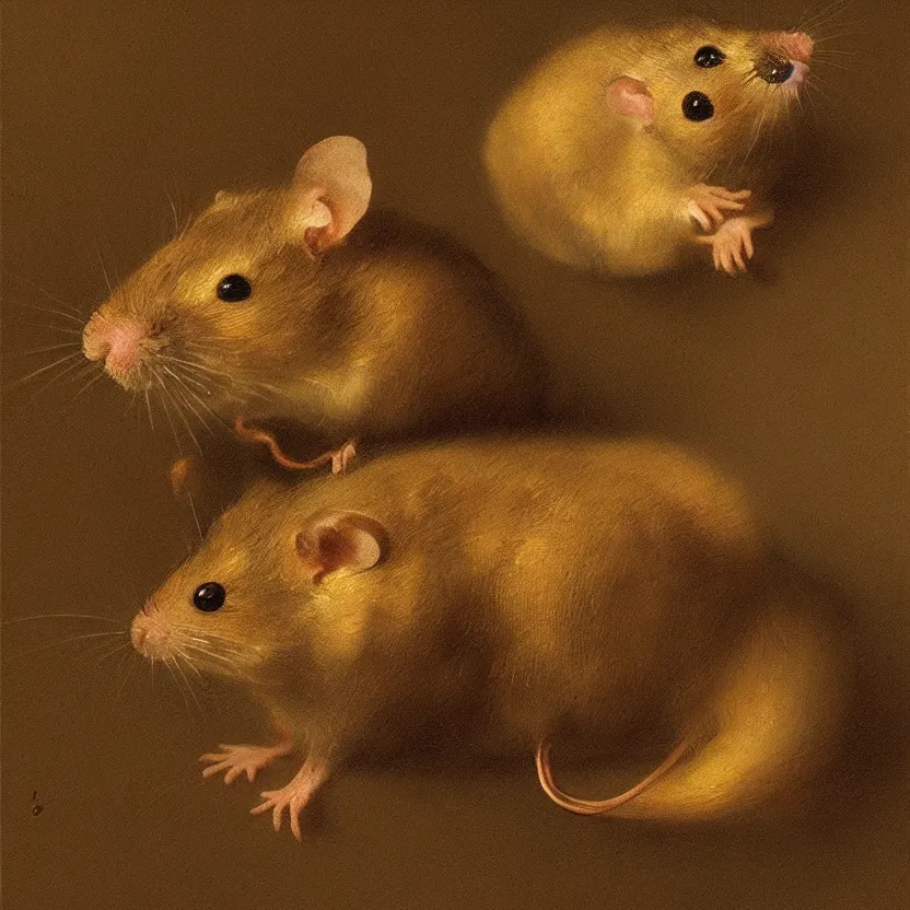 Prompt: A beautiful portrait of a common household mouse by Rembrandt; trending on artstation