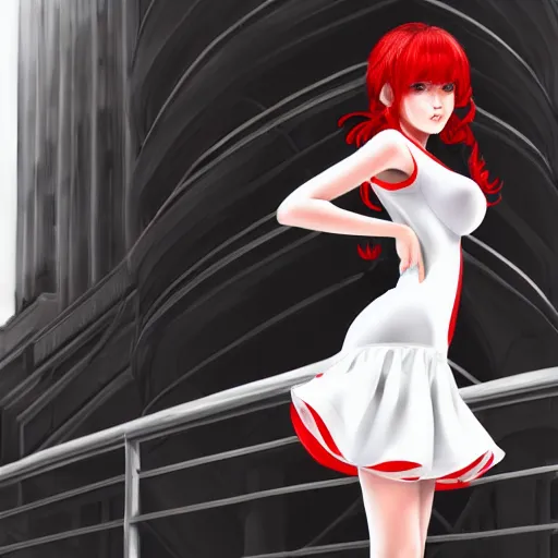 Prompt: the beautiful white frilled red dress girl standing in the hyper big and tall tower, looking at the camera, digital painting, in the style of artgerm, created by Hiroaki Samura, high definition digital art, high quality, highly detailed 8K