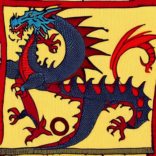 Prompt: “fire breathing dragon. Medieval tapestry”