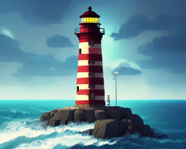Prompt: painting of lighthouse in the sea by goro fujita, makoto shinkai, simon stalenhag, cinematic shot, exquisite lighting, clear focus, brush stroke, plain background, soft painting