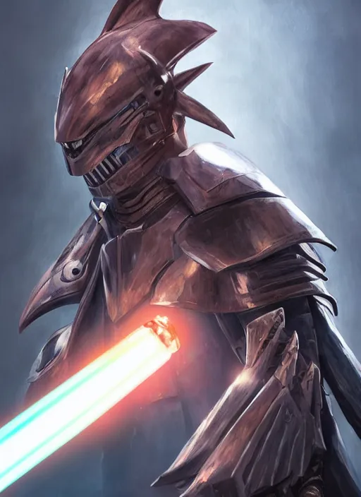 Prompt: side portrait of a humanoid shark in armor holding a lightsaber, anime, hyper - realistic, detailed, ghibli, ruan jia, wlop, fantasy, scifi, magic the gathering