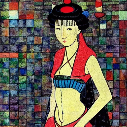 Image similar to interesting maximalist elaborate full body portrait of a beautiful medieval girl, in the style of kawase hasui and paul klee HD 8x no frame