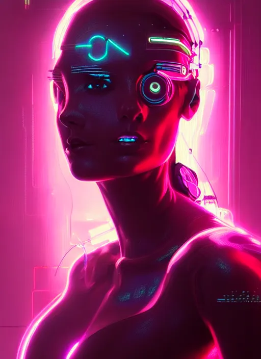 Image similar to portrait of female cyberpunk humanoid, asymmetric, intricate, elegant, cyber neon lights, highly detailed, digital photography, artstation, glamor pose, concept art, smooth, sharp focus, art by artgerm and greg rutkowski