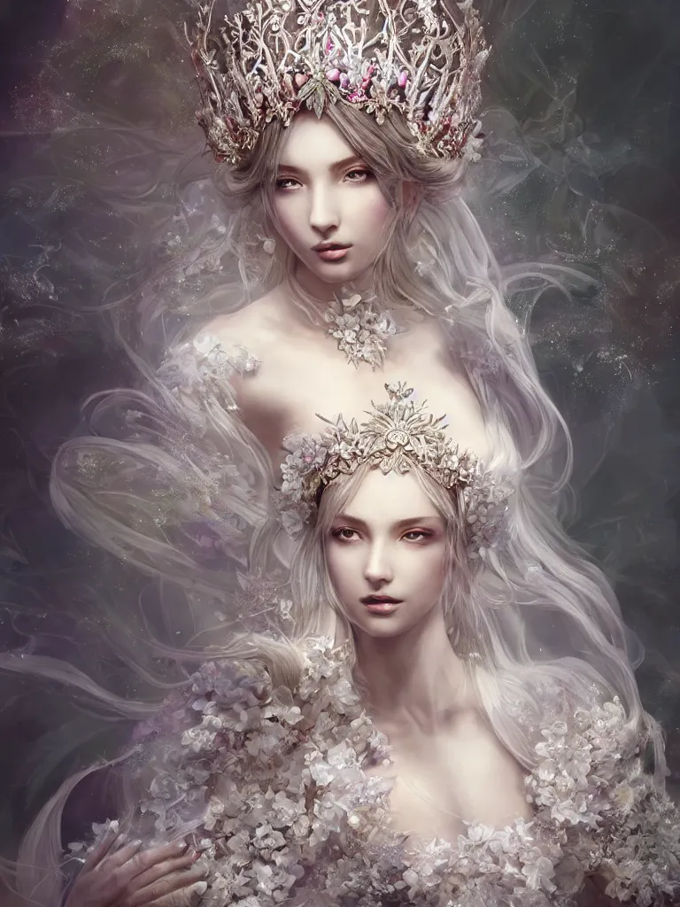 Prompt: A beautiful fantasy empress, highly detailed full body, detailed intricate white flower tiara, wearing aristocrat robe, highly detailed figure, fractal crystal, epic composition, ultra wide-shot, dynamic pose, concept art, beautifully lit, digital painting, smooth, desaturated color theme, character design, sharp focus, elegant, intricate, post processing, artstation, by WLOP, mucha, James Jean, Victo Ngai, ryohei hase