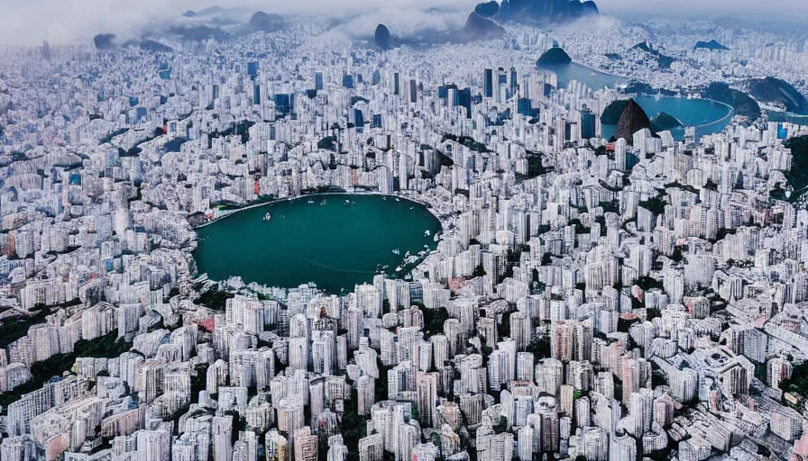 Prompt: the city of rio de janeiro covered in snow, winter photograph, snowing, wide shot, landscape, 4 k, award winning photograph, beautiful, trending on instagram