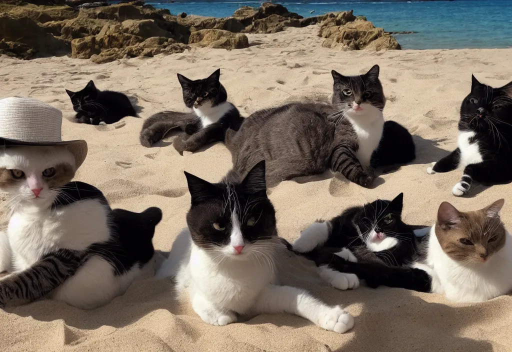 Image similar to cats wearing fedoras relaxing on a beach