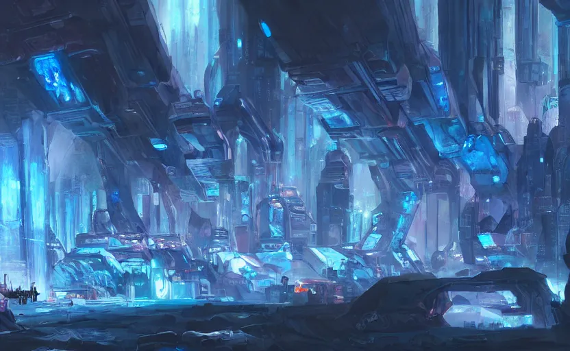 Prompt: cyberpunk factory in a dark cave, blue crystals, concept art by frank hong, mate painting, artstation