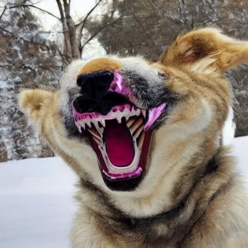 Prompt: a furry dog named chompers with human teeth and his mouth open, highly detailed, very realistic, extra large