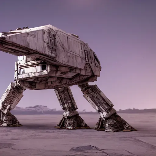 Image similar to a hyperrealistic octane render of a star wars at - at in the pose of the thinker, unreal engine, 8 k, dramatic lighting, volumetric lighting, hyper detailed, photorealistic