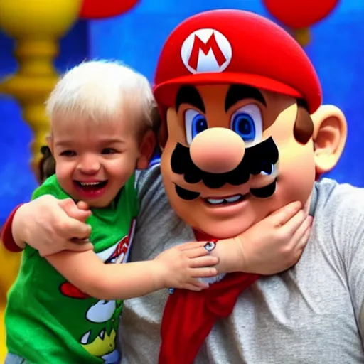 Image similar to a large super mario smiling while holding a screaming crying kid in his arms