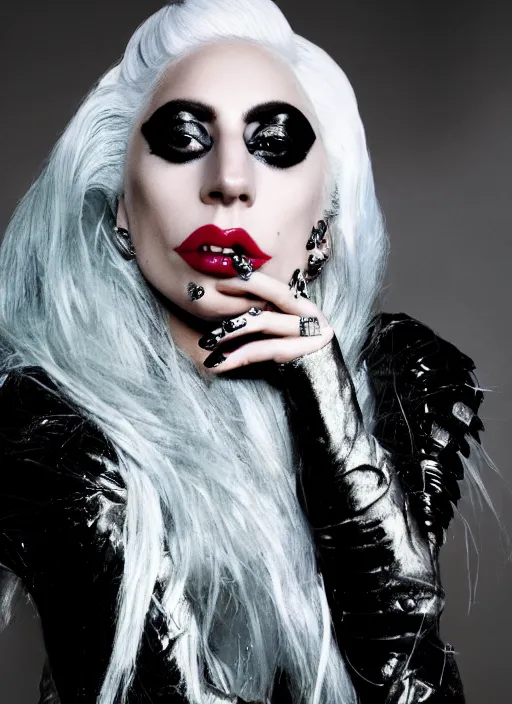 Image similar to lady gaga styled by nick knight posing, the fame monster themed, dark, mysterious, vogue magazine, canon, highly realistic. high resolution. highly detailed. dramatic. 8 k. 4 k.