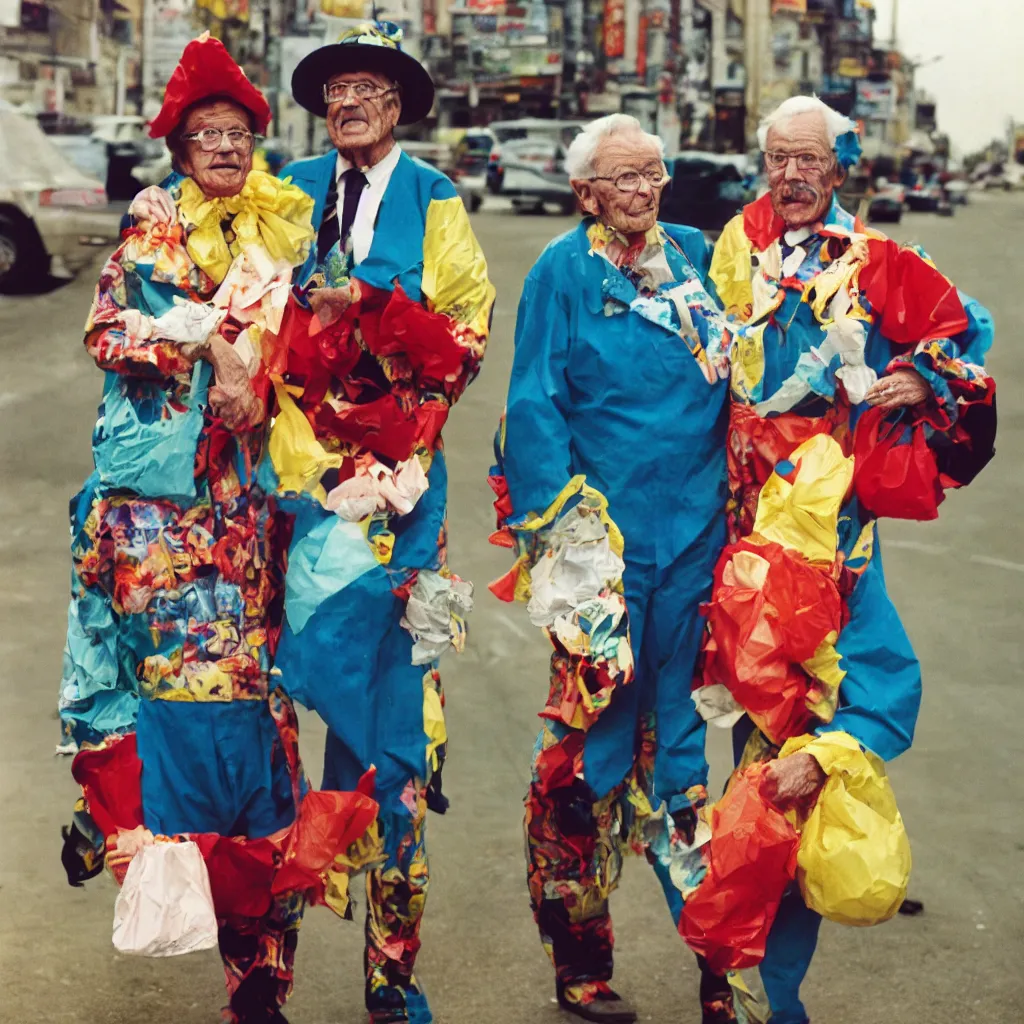 Image similar to a martin parr photo of a grandpa couple, wearing weird trash costumes, fujifilm velvia 5 0