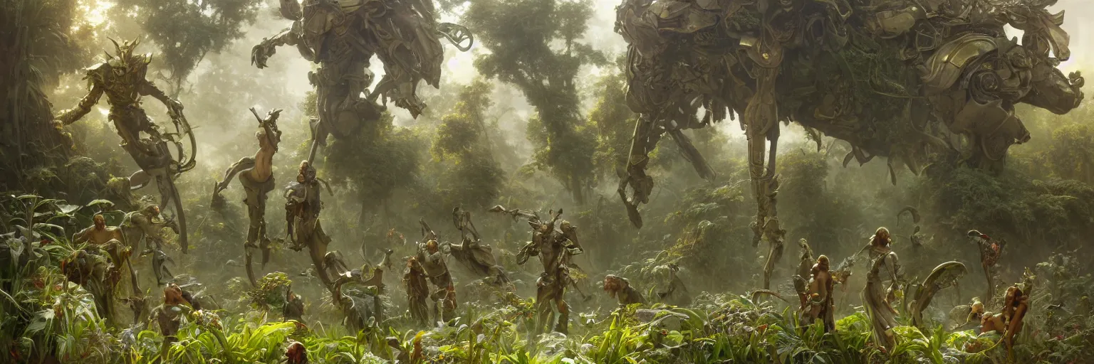 Image similar to an extremely detailed cinematic movie shot of a lush overgrown organic garden with an ornate futuristic suit of armor in the center, mossy ground, golden glow, masterpiece 4k digital illustration by Ruan Jia and Mandy Jurgens and Artgerm and william-adolphe bouguereau, highly detailed, trending on artstation, award winning