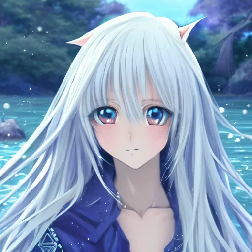 Prompt: a very beautiful anime elf girl, full body, long straight silver hair, sky blue eyes pointy ears, full round face, short smile, casual clothes, ice snowy lake setting, cinematic lightning, medium shot, mid-shot, highly detailed, trending on Artstation, Unreal Engine 4k, cinematic wallpaper by Stanley Artgerm Lau, WLOP, Rossdraws, James Jean, Andrei Riabovitchev, Marc Simonetti, and Sakimichan