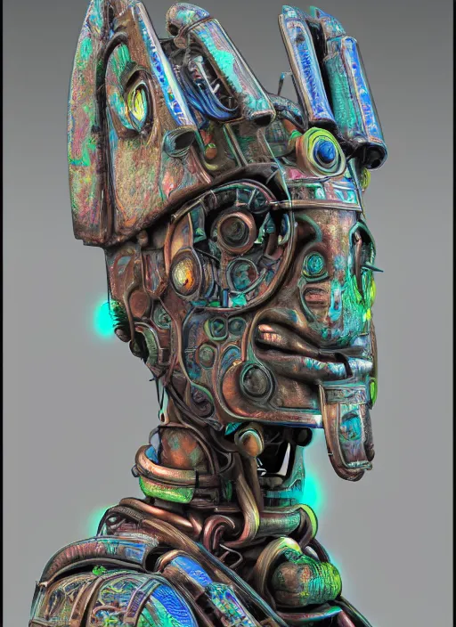 Image similar to portrait of a shaman robot, full colour, the akashic records of literary dreams as decoration, full colour, 3 d shaded, sam wolfe, zbrush central,