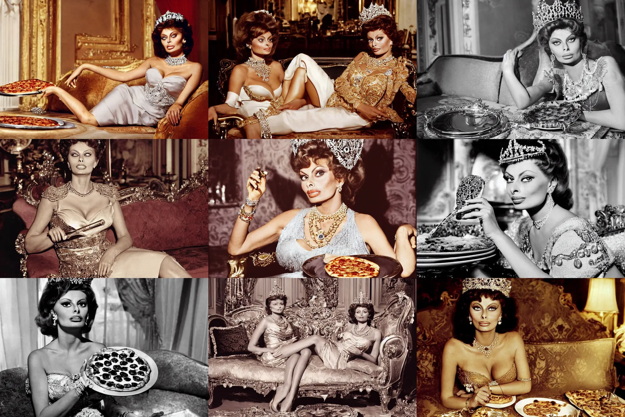 Prompt: high quality photo of young queen sophia loren having pizza served on a silver platter, relaxed pose on antique luxury sofa, intricate ornamented tiara, opulent pearl necklace, laced dress, golden lighting, golden ratio, sharp focus, masterpiece, royal photo