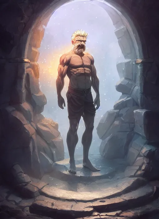 Image similar to Muscular old man with blond hair and beard engulfed in stasis crystal chamber in the middle of the square. In style of Greg Rutkowski, Jesper Ejsing, Makoto Shinkai, trending on ArtStation, fantasy, great composition, concept art, highly detailed, scenery, 8K, Behance.