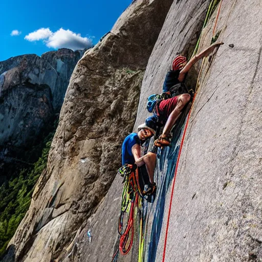 Prompt: rock climbing a multi pitch route, 4 k hyper realistic photo made by the lead climber, happy climbers enjoying a nice sunny day in a good mood