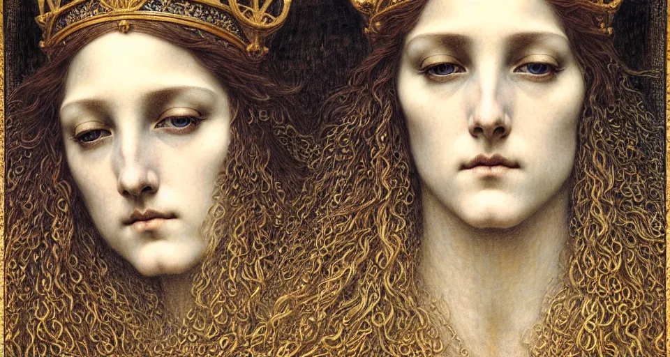 Image similar to detailed realistic beautiful young medieval queen face portrait by jean delville, gustave dore and marco mazzoni, art nouveau, symbolist, visionary, gothic, pre - raphaelite. horizontal symmetry