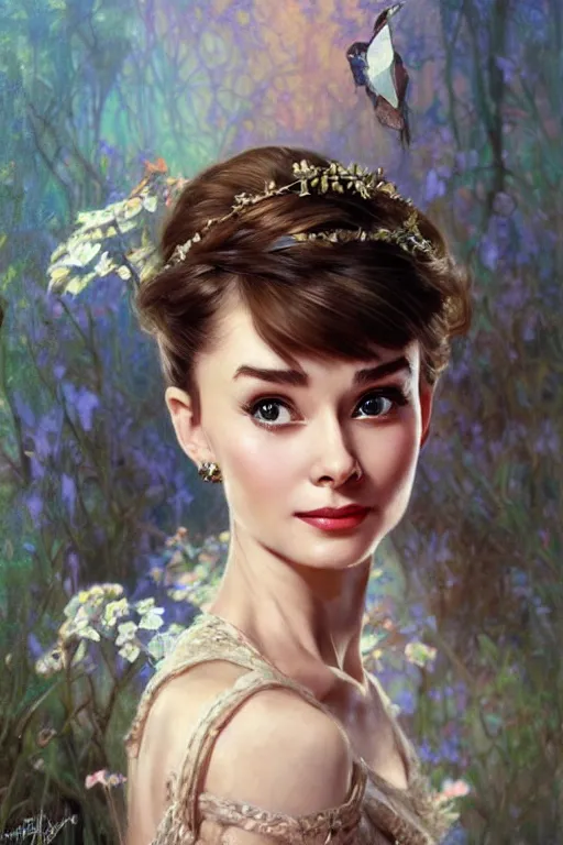 Image similar to young Audrey Hepburn portrait, fantasy, elegant, intricate, delicate, by Stanley Artgerm Lau, greg rutkowski, thomas kindkade, alphonse mucha, loish, norman Rockwell