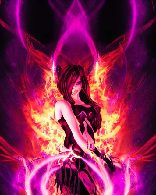 Image similar to pyromancer devil girl cover in purple death flames, deep pyro colors, purple laser lighting, award winning photograph, radiant flares, intricate, various refining methods, micro macro autofocus, evil realm magic painting vibes