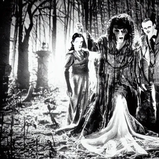 Prompt: photo of classic universal horror monsters dracula, frankenstein, the bride of frankestein with the monster of lagoon and the mummy in a forest at night, telephoto long distance shot, black and white, low light, vignette, fujifilm, creepy, dark, atmospheric, 3 5 mm, surveillance footage, fisheye