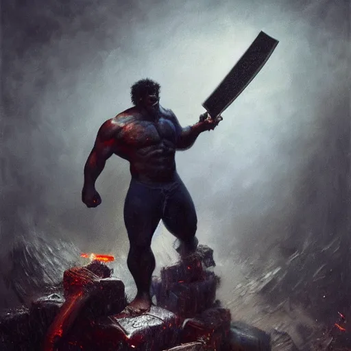 Image similar to artstation concept a midnight blue hulk jolding a meat cleaver, dusty, hyperdetailed, artstation trending, world renowned artists, worth 1 0 0 0. com, historic artworks society, antique renewel, cgsociety, by greg rutkowski, by gustave dore, deviantart