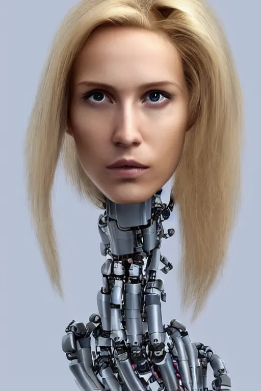 Image similar to robot with human face, female head, full body angle, woman human face, human face realistic, beautiful blonde hair, human head, human head with blonde hair, blonde hair human head, blonde hair, human realistic face, human head skin, cyborg frame concept, cyborg by ales-kotnik, sci-fi android female, the body is made of wires, robotic body, cyborg body, cyborg bust body, robot body cyborg, full body