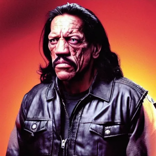 Image similar to danny trejo as the terminator, glowing red eyes