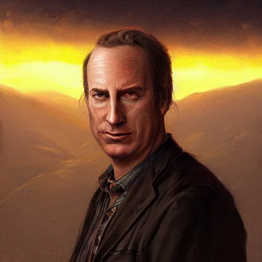 Image similar to portrait of bob odenkirk, sunset, gorgeous view, depth, painted by seb mckinnon, high detail, digital art, painted by greg rutkowski, trending on artstation