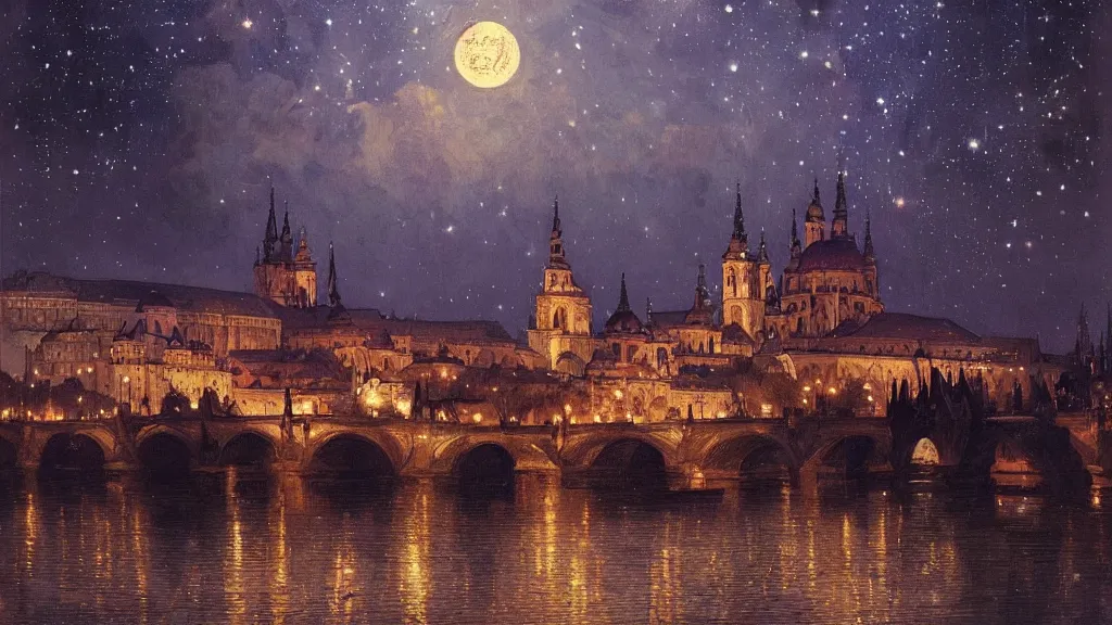 Image similar to a beautiful painting of a view from the river of a arabian prague cathedral palaces, at night with a sky full of stars, intricate, elegant, highly detailed, digital painting, artstation, concept art, by krenz cushart and artem demura and alphonse mucha