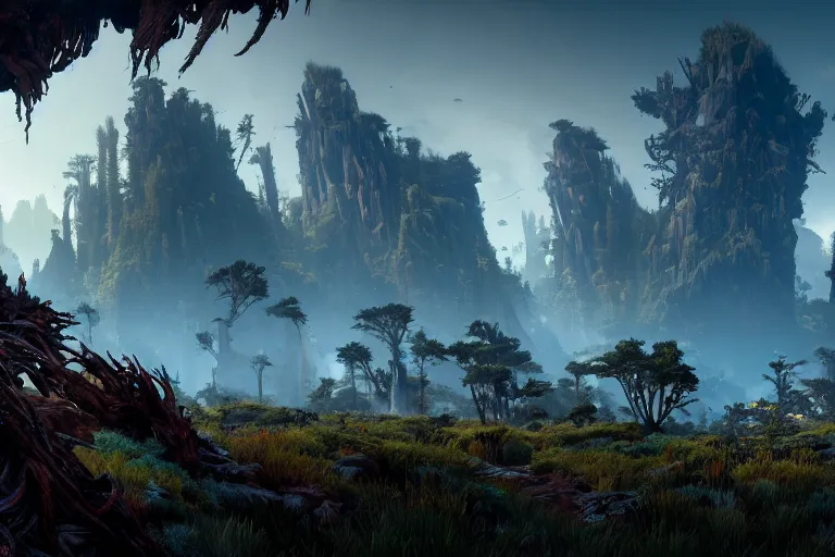 Image similar to wide epic shot from horizon forbidden west with a view on a hyper detailed organic mechanic creatuve realistic similar look as horizon forbidden west horizon zero dawn, bioluminiscence in a dark deep forest at dawn in spring, with reflection and textures, by kilian eng, substance painter realistic mech surface metal painted scratches, world env from horizon forbidden west horizon zero dawn